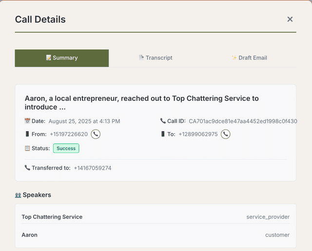 AI Call Summary Interface